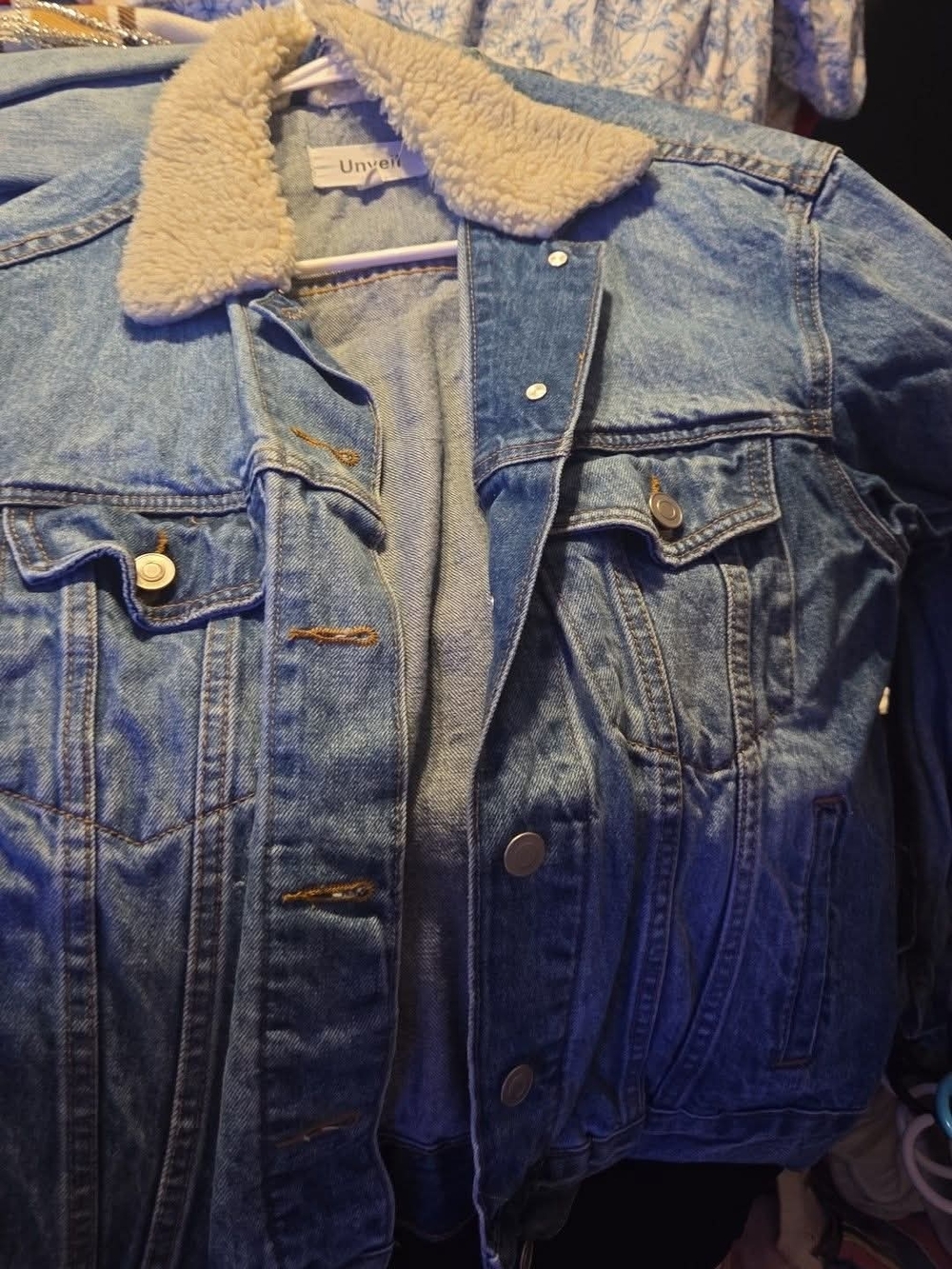 Unveil Denim Sherpa-Lined Jacket in Light Blue